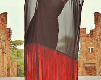 Black and Red Maxi Dress, Summer Sheer Dress with Fringes, Summer Maxi Dress TDK184, Boho Wedding Dress by TEYXO