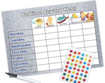 Re-usable Bedtime Reward Chart (including FREE Stickers and Pen) - Silver Glitter Design