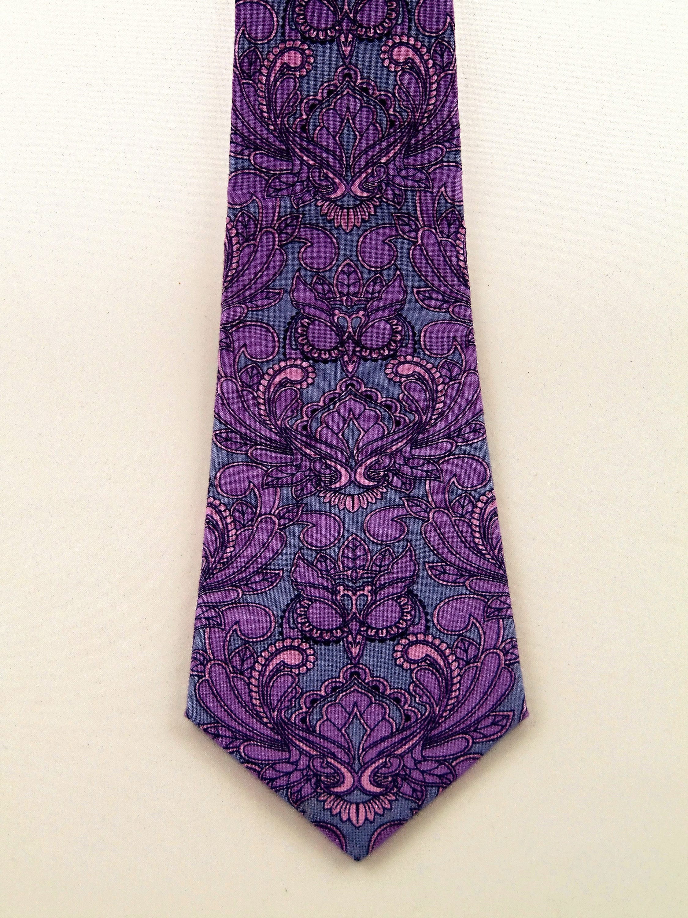 Purple Paisley Tie – Cotton Owl Neck Tie for Men in Purple and Grey ...