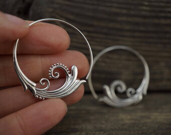 Sterling Silver Hoop Earrings - Tribal Hoop Earrings - Spiral Earrings - Fine Jewelry - Medium Hoop Earrings - Art Nouveau Earrings (s41)