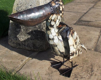 Metal Pelican Garden Ornament Sculpture Art - Handmade Recycled Metal Bird