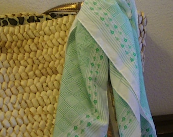 Vintage Silk Scarf, Green Concentric Squares with Green Flowers