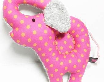 Elephant Baby rattle sensory toy out of pink with orange dots Cotton and Terry Fabric
