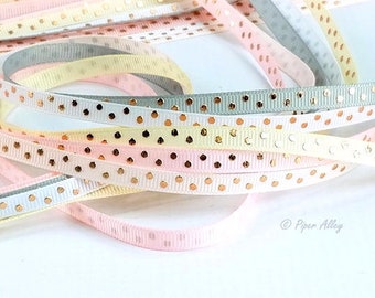 Rose Gold Polka Dots, 1/4" Narrow Ribbon, Romantic Vintage Colors, 5 yards - DIY Craft Supplies, Itty Bitty Bows. Wedding Ties, Shabby Chic