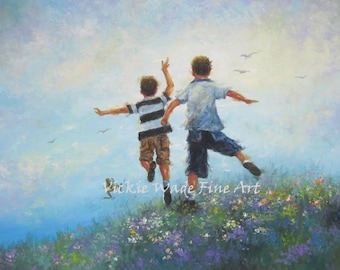Two Brothers ORIGINAL Painting,two boys leaping painting, two brothers leaping images, boys room wall art, boys playing, Vickie Wade Art