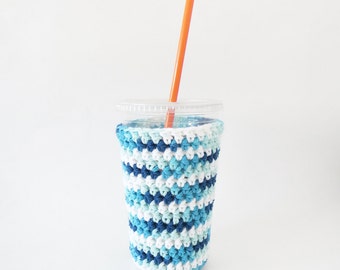 crochet coffee cozy. iced coffee cozy. gift for coffee lover. Blue ombre cup cozy. Cotton cup sleeve. Eco friendly cup jacket. cup cozy