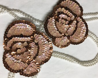 2 Beaded Sequins FLOWERS Applique in BROWN