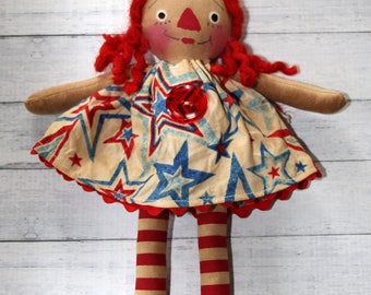 Patriotic 4th of July Ornament Sized Annie - Primitive Raggedy Ann Dolls (HAFAIR)