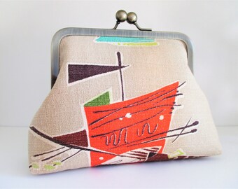 Orange Brown Black Turquoise on Tan Ground Atomic Vintage Barkcloth Fabric 6" Antique Brass Kisslock Frame Mini Clutch Wristlet Crossbody