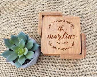 Personalized Coasters, Custom Coasters, Coaster Set of 6, Bamboo, Laser Engraved, Last Name, Wedding Gift, Present, Housewarming, New House