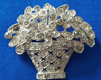 Silver tone rhinestone flower basket brooch