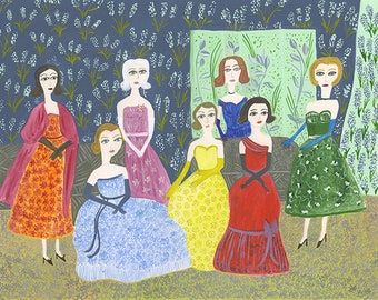 Held rigid to the pattern by the stiffness of their gowns. Original painting by Vivienne Strauss.