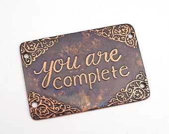 4 hole rectangular etched copper bracelet component, you are complete, phrase link, 40mm x 27mm