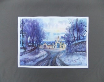 Watercolor Landscape Original Art Painting The Molchensky Monastery Landscape Watercolor paintings Wall Decor Art Painting Watercolor