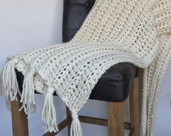 JoJo Knit Throw Blanket With Tassels//Knit Throw Blanket in Cream//Tassel Throw Knit Blanket