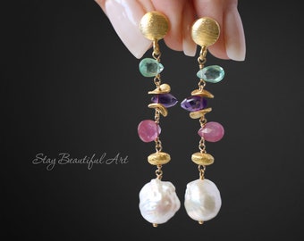 Gemstone Dangles Kasumi Pearl Earrings Pink Sapphire Earrings Amethyst Earrings Apatite Earrings Gemstone Earrings Pearl Drop Earrings