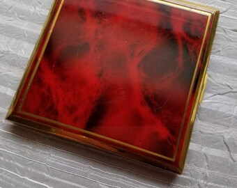Vintage Gold Tone and Red Marbled Mirrored Compact Loose Make Up Compartment 1950s