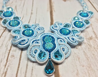 Free shipping!!! Soutache necklace, Beaded necklace, Soutache jewelry, Soutache embroidery, White and blue necklace, Gift for her