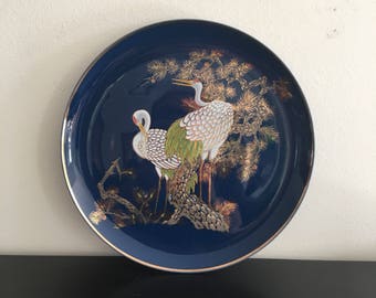 Vintage,Japanese Kutani Plate,Japanese Plate,Blue Plate,Orintal Plate,Asian Interiors,Crane Birds,Wall Plte
