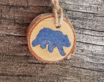 Woodland rustic small wood slice bear ornament in blue, Christmas ornament, hand painted ornament, birch wood slice ornament, bear ornament