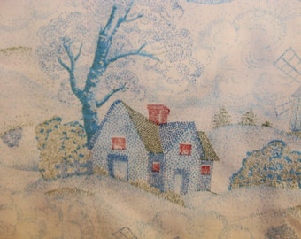 Dotted Houses, Trees, Blowing on White Cotton Fabric bty