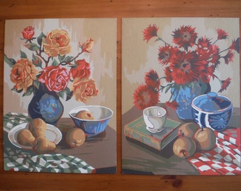 2 Vintage Floral Paint By Number Paintings - Flowers Still Life Paint By Number - Mid Century Decor Mod Roses Fruit Artwork Paintings