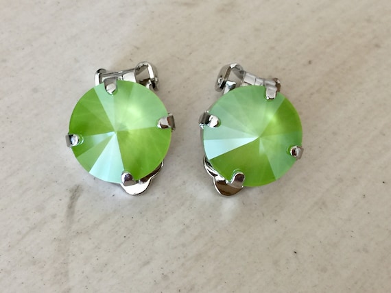Lime Lacquer Swarovski Crystal Clip On Earrings, Silver