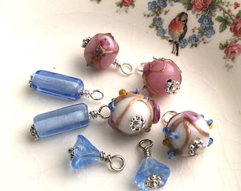 Bead destash 8 handbeaded drops dangles jewelry making, Boho Mix, blue flower, pink and white glass lampwork beads, silver wires Lot #14
