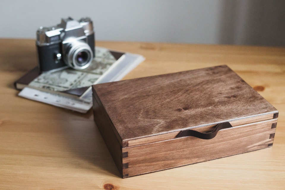 Wooden photo box with leather handle. Wooden box. Photo box