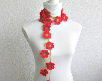 Crochet lariat scarf with Flower in Red, Green, Necklace, Crochet Floral Necklace, Feminine, Trendy, Infinity, Summer, Harvest,