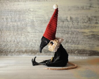 Black Mouse stuffed toy Art doll animal rat Poseable creatures Miniature handmade art toy Mouse cute in hat Felt mouse figurine Gothic plush
