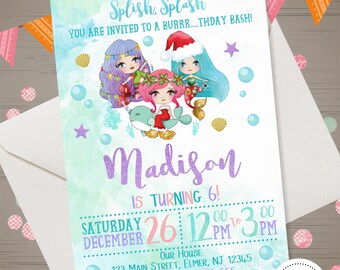 Winter Pool Party Invitation, Mermaid Pool Party Birthday Invitation, Holiday Pool Party, Christmas Mermaid Invitation, Pool Birthday Bash