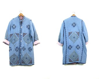 Indian Jacket Vintage Cotton Coat REVERSIBLE Embroidered Coat Colorful Kantha Tribal Patchwork Jacket LONG DUSTER Floral Womens Medium Large