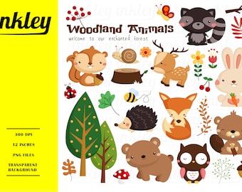 Woodland Animal Clipart, Woodland Animal Clip Art, Woodland Animal Png, Nursery Art, Bear, Rabbit, Owl, Hedgehog, Deer, Skunk, Beaver, Tree