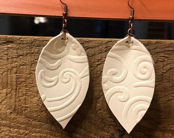White Embossed Leather Leaf Earrings