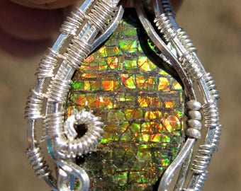 A Flash From The Past///Ammolite and Sterling Silver Heady Wire Wrap Pendant, Handmade, One of a Kind, Art