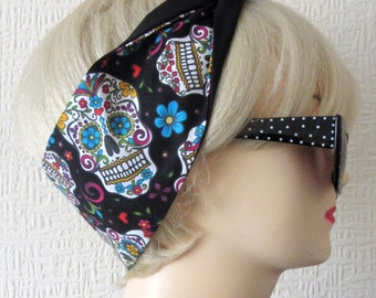 Sugar Skull Hair Tie Day of The Dead Flowers in Black , Rockabilly Head Scarf by Dolly Cool