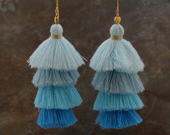 Tiered Tassel Earrings, Ombre Tassel, Blue Tassel Earring, Blue Tassel Earrings, Statement Earrings, Stacked Tassel Earrings, Fringe Earring