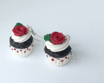 Valentine's Day Cupcake Earrings / With Red Roses And Poka Dots: Height Approximately 1.5 cm
