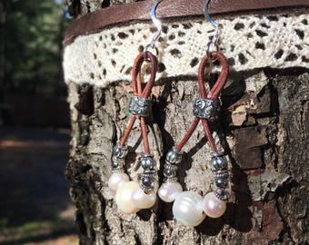 Leather and Freshwater Pearl Teardrop Earrings