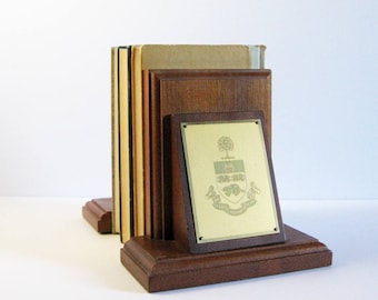 Vintage Wood & Brass Bookends - University of Toronto Coat of Arms - Book Shelf Decor - His and Hers Book Organizers - Wood Office Decor
