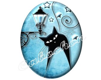 2 cabochons 25mm x 18mm glass cat silhouette, moon, stars, blue and black