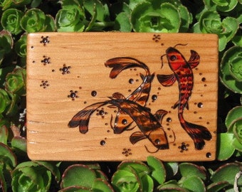 Three Koi with Cherry Blossoms on ATC Sized Fir Wood Block Pyrography Wood Burning