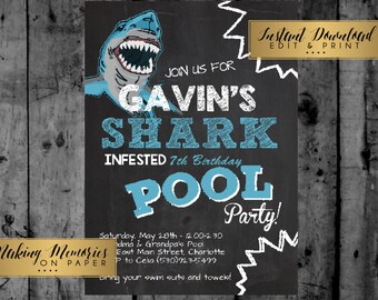 shark birthday invitation pool party invitation shark party