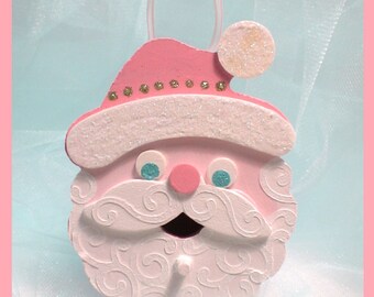 Pink Santa Christmas Ornament - Pink and Pastel Santa Birdhouse - "Sanguine Santa"