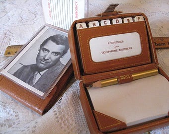 Pigskin Vintage Card Holder and Leather Like Mini Suitcase Address Book Notepad Holder With Pencil Lot of Two To Keep You Organized C Detail