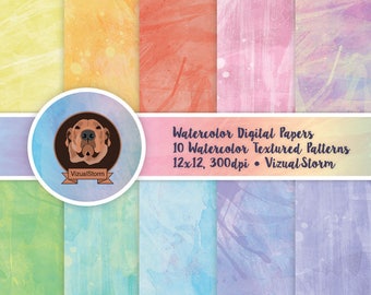 Watercolor Digital Paper Rainbow Watercolor Background Textures Ombre Watercolour Patterned Papers Printable Painted Scrapbooking Paper Pack