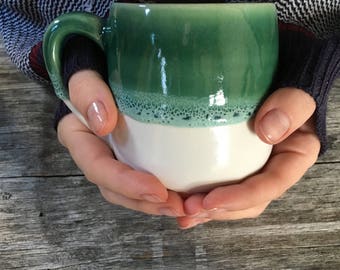 coffee mug, tea mug, ceramic mug, green&white mug, handmade, Australian made, pottery mug, stoneware