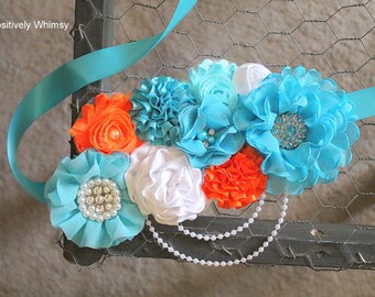 Orange Blue Maternity Sash, Boy Maternity Sash, Orange Maternity Sash, Pregnancy Sash, Baby Shower Sash, RTS, Orange, Turquoise, Aqua White