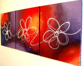 Wall triptych art "floral delight" modern painting Abstract Painting flower floral art huge wall art large 48 x 20 "